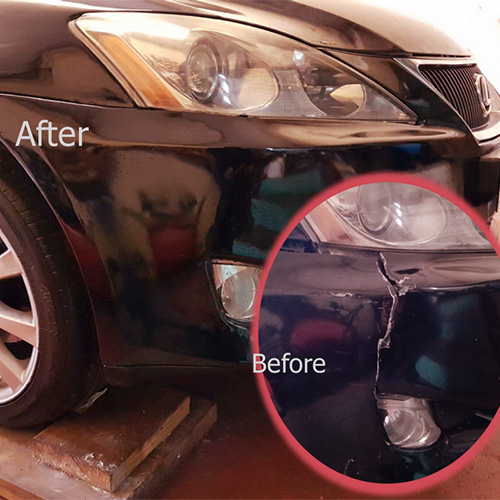 before and after photo of a bumper repair job